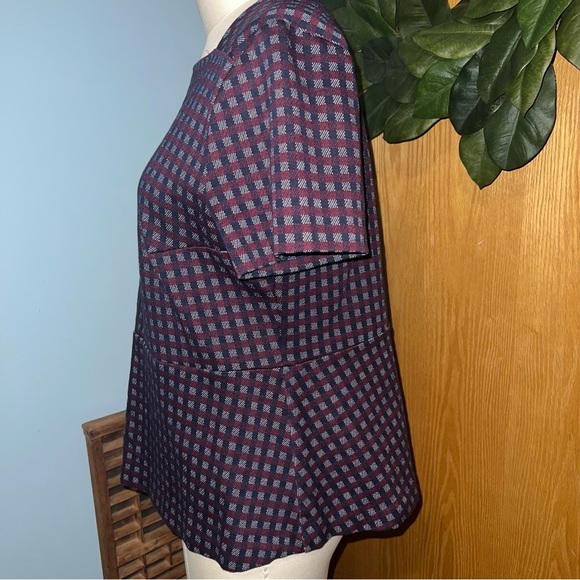 Ann Taylor XL Plaid Square Neck Peplum Top Short Sleeve Women's - Picture 2 of 8